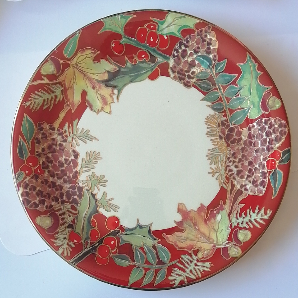 Vintage F. Giorgi Ceramica "Crimson Wreath" Festive Red and Green Dinner Plate